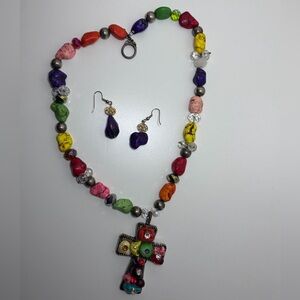 Colorful Beaded Cross Necklace and Earring Set